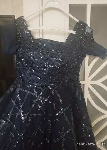 Uzun Lacivert Parlak İşlemeli Gotik Abiye - Görsel 2