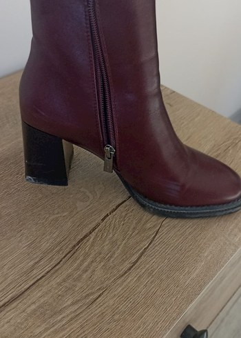 Bordo Deri Kadın Bot, Kalın Topuklu, Fermuarlı - Görsel 7