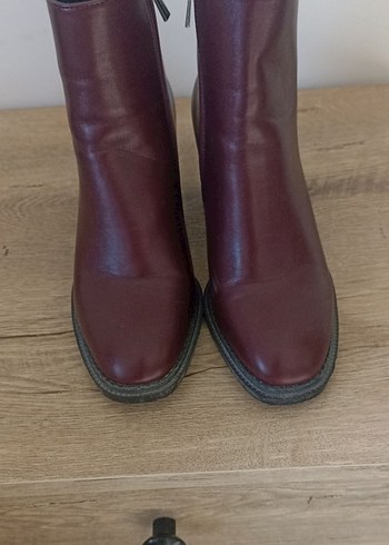 Bordo Deri Kadın Bot, Kalın Topuklu, Fermuarlı - Görsel 4