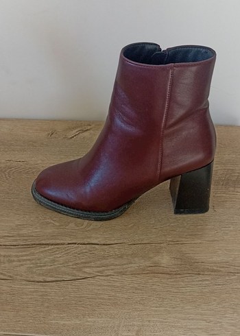 Bordo Deri Kadın Bot, Kalın Topuklu, Fermuarlı - Görsel 8