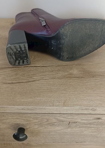 Bordo Deri Kadın Bot, Kalın Topuklu, Fermuarlı - Görsel 6