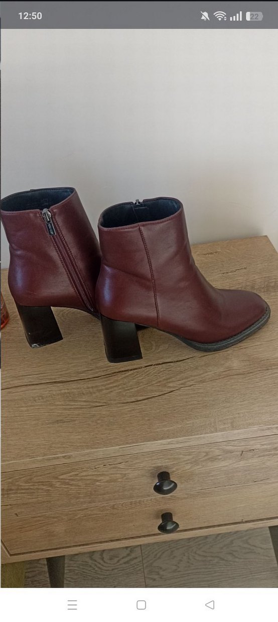 Bordo Deri Kadın Bot, Kalın Topuklu, Fermuarlı - Görsel 3