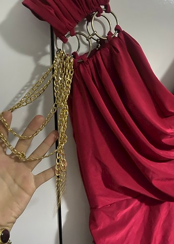 Bordo Drapeli V Yakalı Uzun Abiye Elbise - Görsel 3