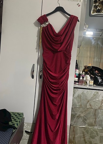 Bordo Drapeli V Yakalı Uzun Abiye Elbise - Görsel 2