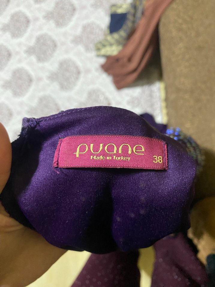 Uzun Kollu Mor İşlemeli Abiye Elbise - Görsel 4