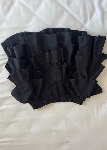 Kadın Siyah Fırfırlı Keten Mini Etek