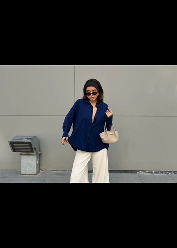Lacivert minaaise Uzun Kollu Kadın Gömlek - Görsel 6
