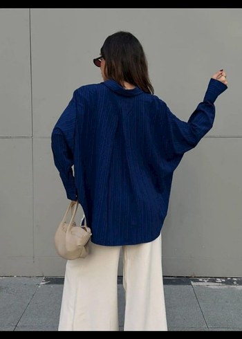 Lacivert minaaise Uzun Kollu Kadın Gömlek - Görsel 7