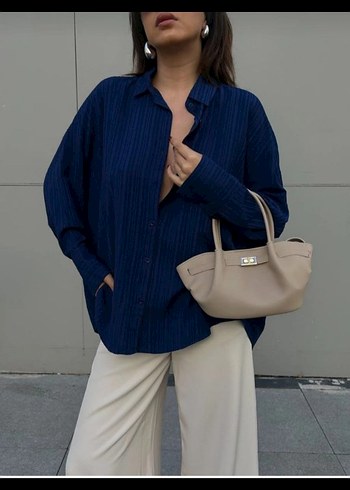 Lacivert minaaise Uzun Kollu Kadın Gömlek - Görsel 5