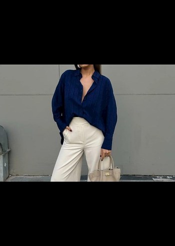 Lacivert minaaise Uzun Kollu Kadın Gömlek - Görsel 2