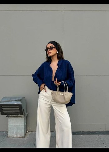 Lacivert minaaise Uzun Kollu Kadın Gömlek - Görsel 3