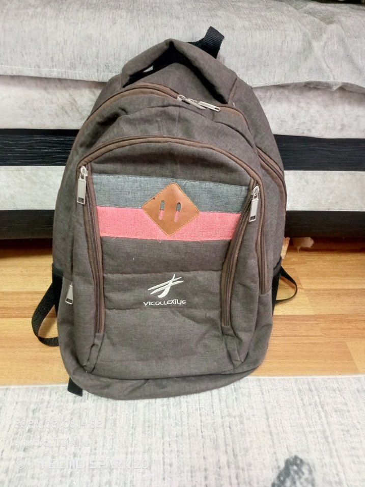 Gri Kahverengi Baskılı Fermuarlı Sırt Çantası - Görsel 2