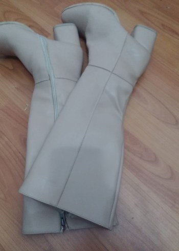 Diğer Bej Kadın Deri Dizüstü Botlar Fermuarlı