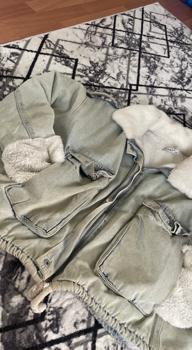 Gri Kadın Denim Ceket, Kürklü, Salaş - Görsel 3