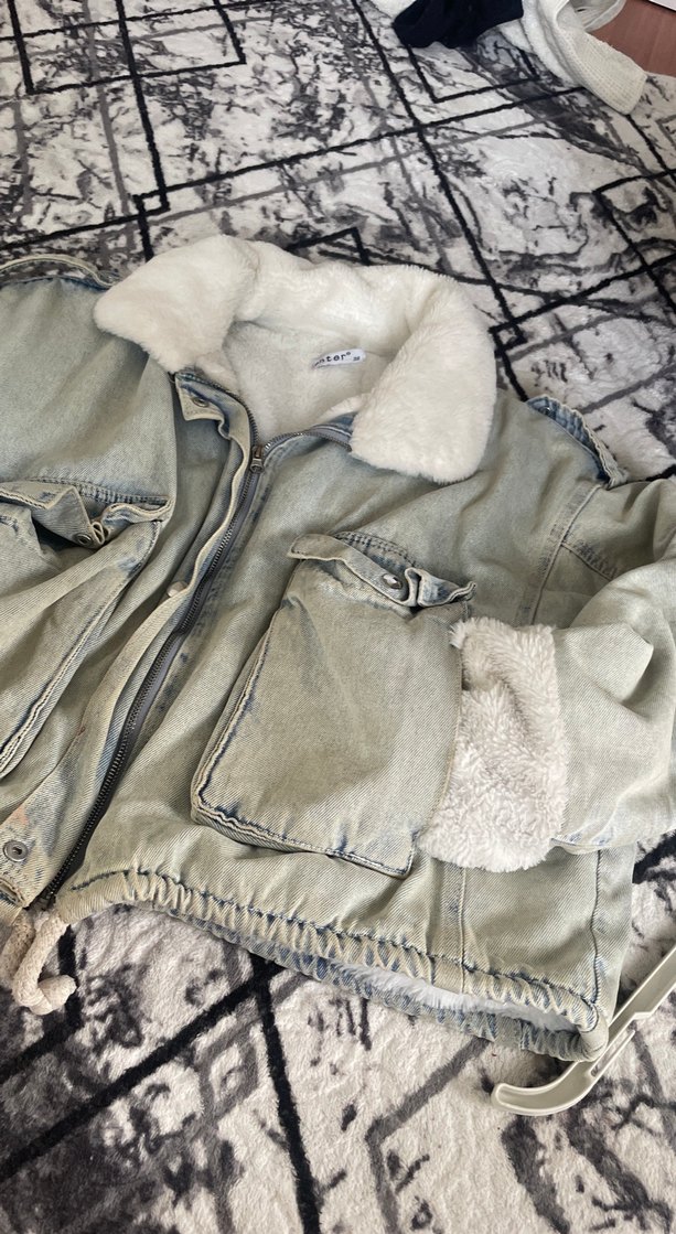 Gri Kadın Denim Ceket, Kürklü, Salaş - Görsel 2