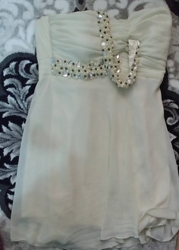 Beyaz Drapeli Straplez Mini Abiye Elbise - Görsel 2