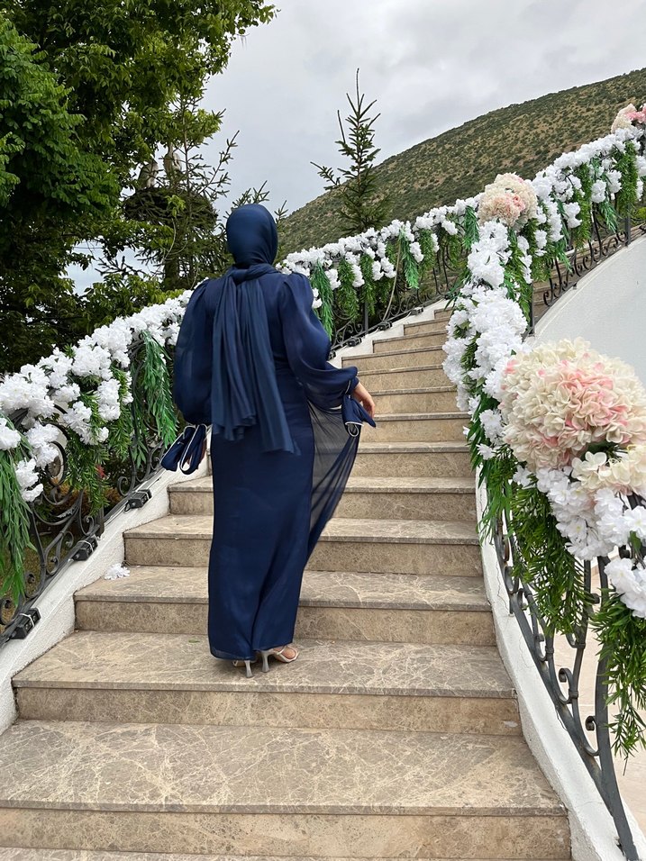 Drapeli Lacivert Uzun Kadın Abiye şal dahil - Görsel 3