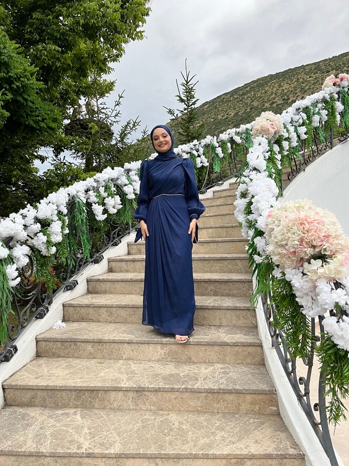 Drapeli Lacivert Uzun Kadın Abiye şal dahil - Görsel 2