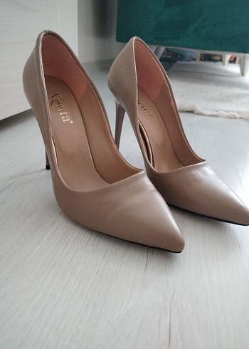 39 Beden camel Renk Bej Deri Tokalı Stiletto Kadın Ayakkabı