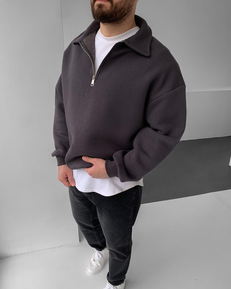 Fermuarlı Gri Erkek Sweatshirt - Görsel 2