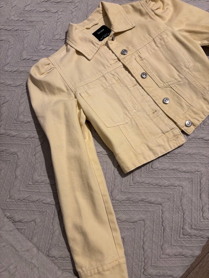 BERSHKA Düğmeli limon sarısı Kadın Denim Ceket - Görsel 3