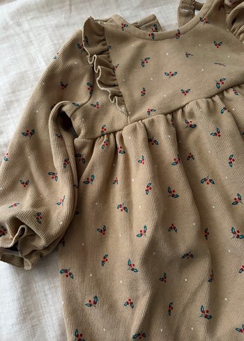 Kız Çocuk Bej Uzun Kollu Fırfırlı Elbise - Görsel 3