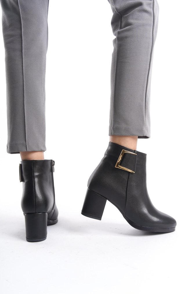 Kare Topuklu Siyah Deri Kadın Bot - Görsel 3
