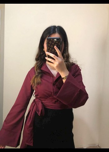 Bordo V Yakalı Düğmeli Midi Bluz