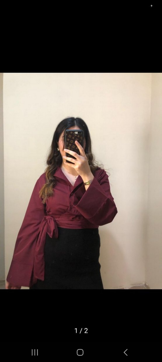 Bordo V Yakalı Düğmeli Midi Bluz - Görsel 2