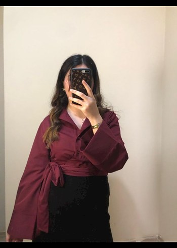 Diğer Bordo Midi V Yaka Uzun Kollu Bluz