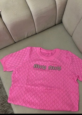 Pembe Kadın Kısa Kollu Triko Tişört - Görsel 2