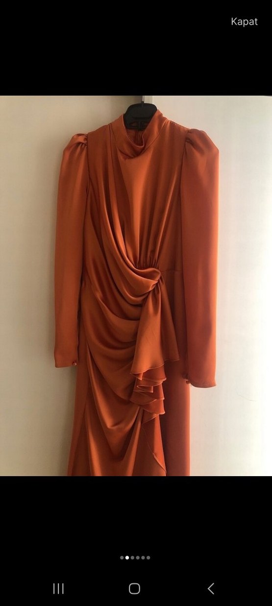 Drapeli Uzun Kollu Kahverengi Kadın Elbise - Görsel 2