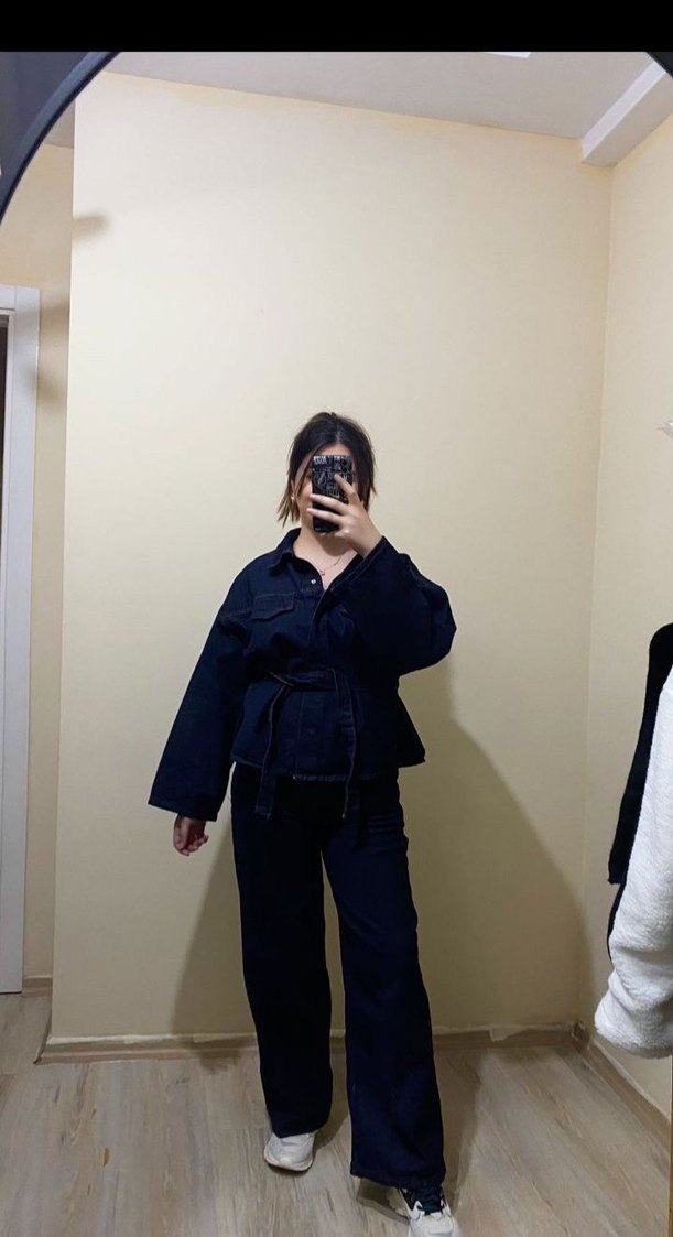 Kadın Lacivert Bağcıklı Salaş Denim Kot Takım - Görsel 3