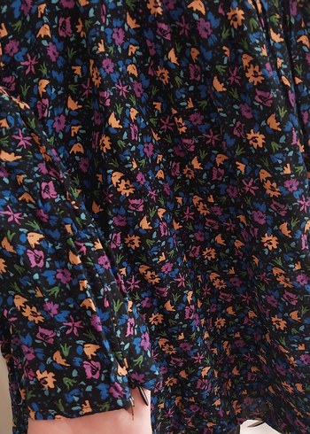 Çiçek Desenli V Yakalı Uzun Kollu Midi Elbise - Görsel 6