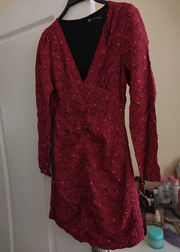 Bordo V Yaka Drapeli Midi Elbise - Görsel 2