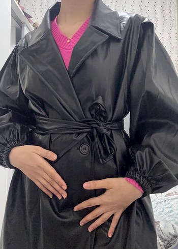 Kadın Siyah Midi Deri Trençkot - Görsel 3