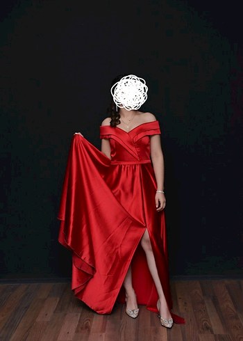 Parlak Kırmızı Saten Uzun Drapeli Abiye Elbise - Görsel 7