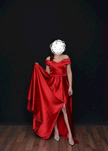Parlak Kırmızı Saten Uzun Drapeli Abiye Elbise - Görsel 4