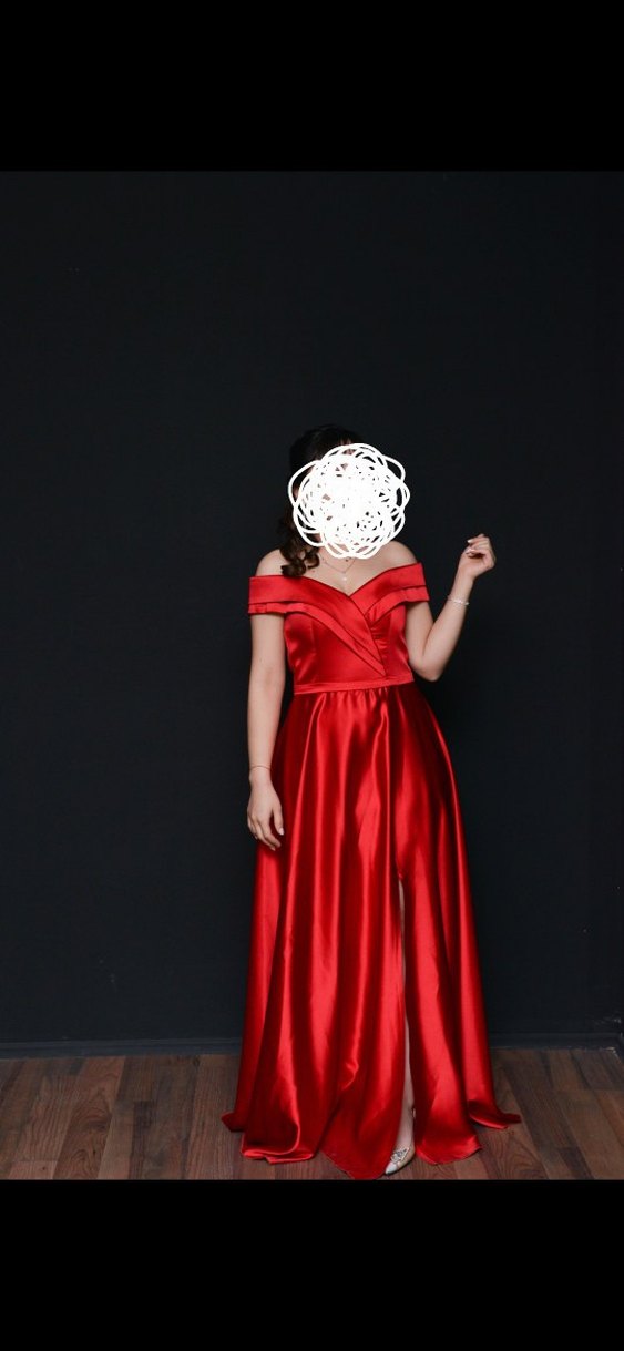 Parlak Kırmızı Saten Uzun Drapeli Abiye Elbise - Görsel 5