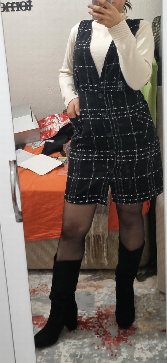 Siyah Kareli Midi Kemerli Kadın Elbise - Görsel 3