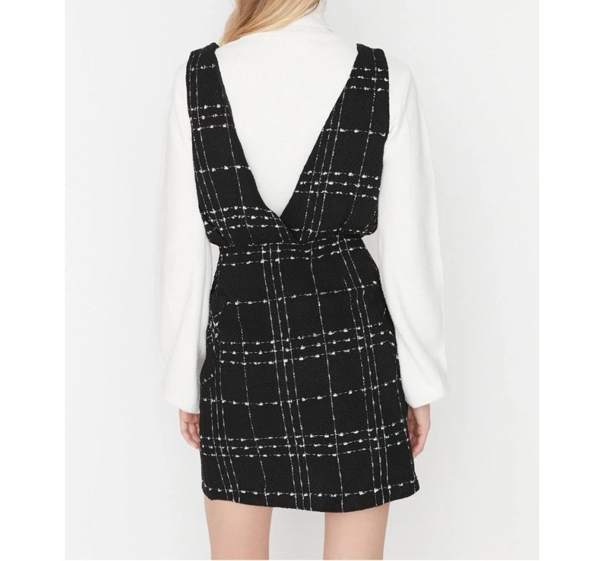 Siyah Kareli Midi Kemerli Kadın Elbise - Görsel 2