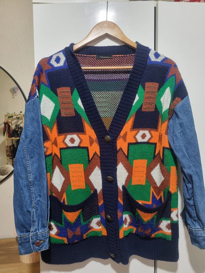 Desenli Bohem Kadın Kot Hırka - Görsel 5