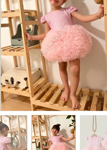 Pembe Kısa Kollu Fırfırlı Klasik Kız Elbisesi - Görsel 4