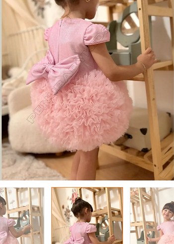 Pembe Kısa Kollu Fırfırlı Klasik Kız Elbisesi - Görsel 3