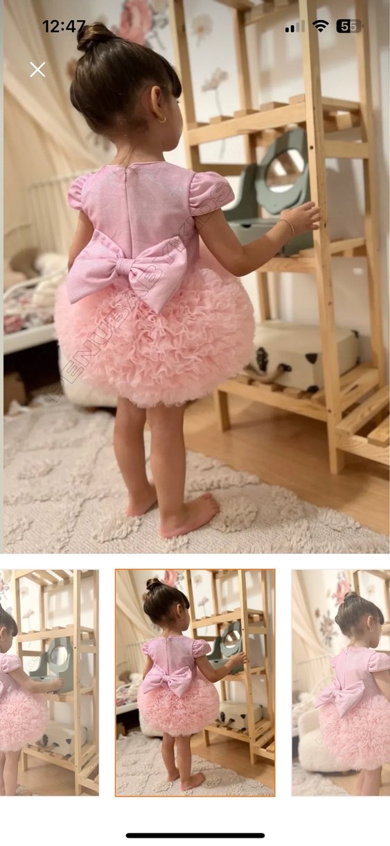 Pembe Kısa Kollu Fırfırlı Klasik Kız Elbisesi - Görsel 2
