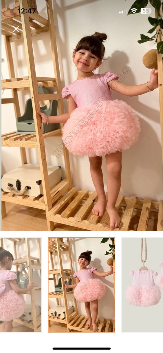 Pembe Kısa Kollu Fırfırlı Klasik Kız Elbisesi - Görsel 4