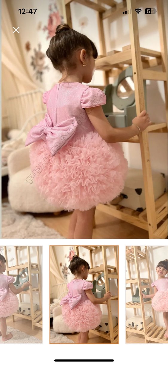 Pembe Kısa Kollu Fırfırlı Klasik Kız Elbisesi - Görsel 3