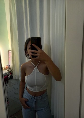 Beyaz Denim Halter Yaka Crop Top - Görsel 2