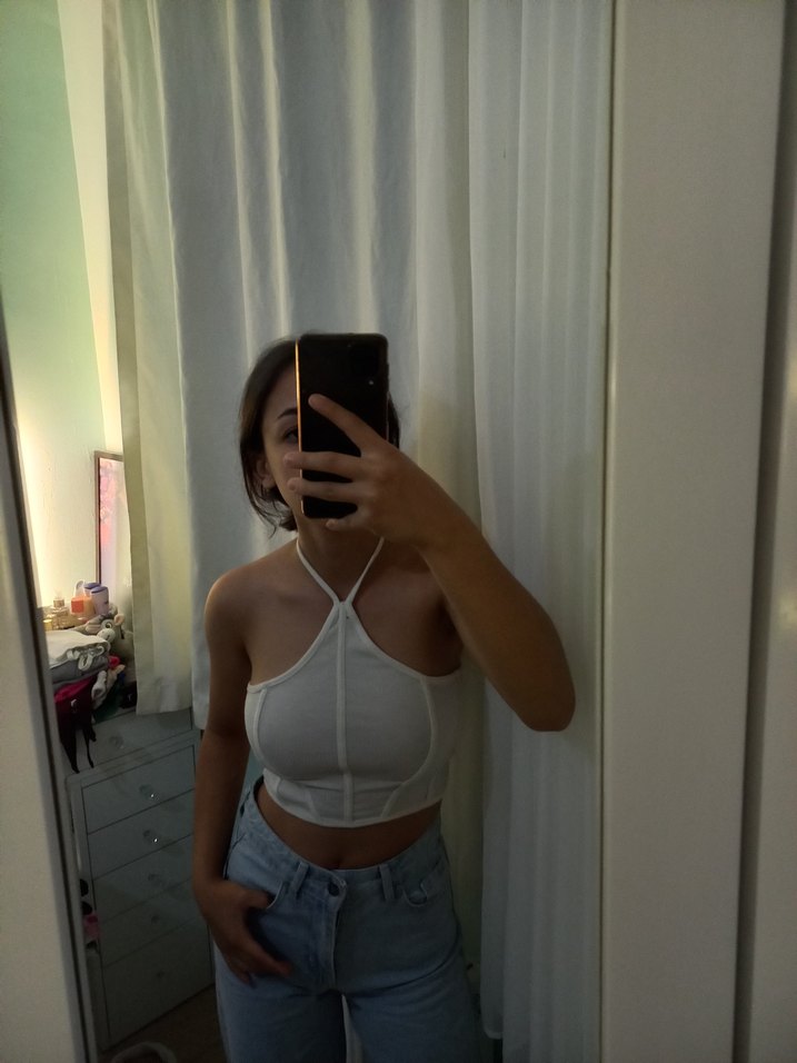 Beyaz Denim Halter Yaka Crop Top - Görsel 2
