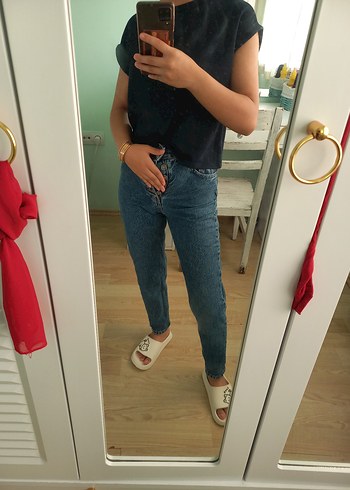 Düğmeli Mavi Boyfrend Kadın Kot Pantolon - Görsel 5